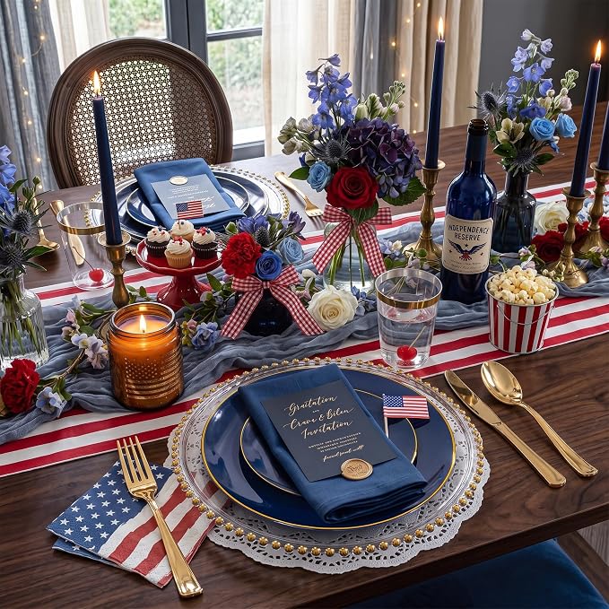 KIRE 350Pcs Blue and Gold Plates -Heavy Duty Navy Blue Dinnerware Set - 100 Plastic Plates 50 Pre Rolled Napkins with Gold Plastic Silverware 50 Cups for Party/4th of July/Wedding
