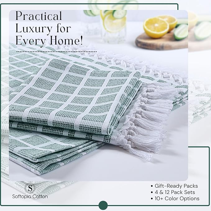 Matrix Dobby Kitchen Towels 4 Pack, 100% Cotton, 16x26 Inches, Reusable Dish Towels with Handmade Tassels, Washable Absorbent Tea Cloths for Cleaning, Cooking - Forest Green, White