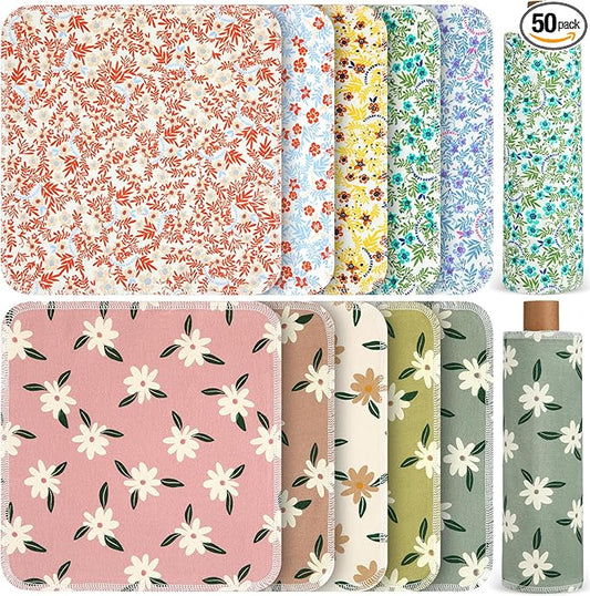 Redbaker 50 Pcs Reusable Paper Towels Paperless Reusable Cotton Cloths Toilet Absorbent Washable Paper Towels with Roll Kitchen Dishcloth for Kitchen Paperless Dishcloths(Charming)