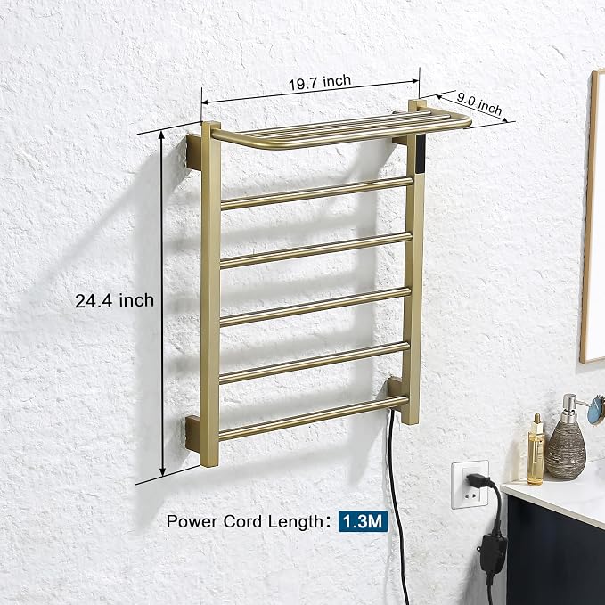 Heated Towel Racks for Bathroom, Hot Towel Warmer with 24hr Timer Stainless Steel Wall Mounted Electric Towel Warmers for Bathroom (Gold, 5-Bar)