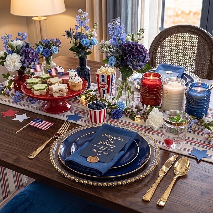 KIRE 175Pcs Blue Plastic Plates - Navy Blue Plates Disposable - 25 for Dinner 25 for Dessert 25 Pre Rolled Napkins with Gold Plastic Silverware and 25 Cups for 4th of July/Wedding/Party