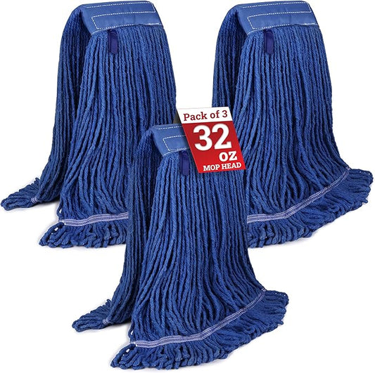 KLEEN HANDLER Blended Loop End Heavy Duty Mop Head Replacement, Wet Mop Refills for Industrial and Commercial Use, Dark Blue, 32 Oz (3-Pack)