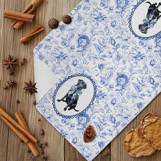 Chinoiserie Black Labrador Retriever Kitchen Towels, Blue and White Floral Black Lab Gifts Dish Tea Towels, Grandmillennial Botanical Dog Hand Towels for Kitchen Bathroom, 16x24 Inch