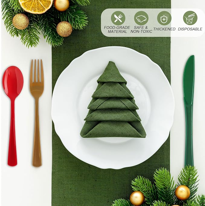 Kochorie 300 Pieces Christmas Plastic Silverware Heavy Duty Plastic Cutlery Set Heavyweight Disposable Flatware Includes Christmas Spoons Forks Knifes for Christmas New Year Party