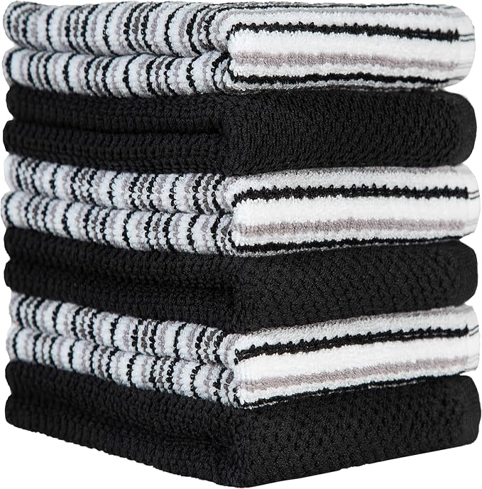 Popcorn Stripe Cotton Kitchen Towels - 6 Pack | 16'x26' | Highly Absorbent 400 GSM | Black