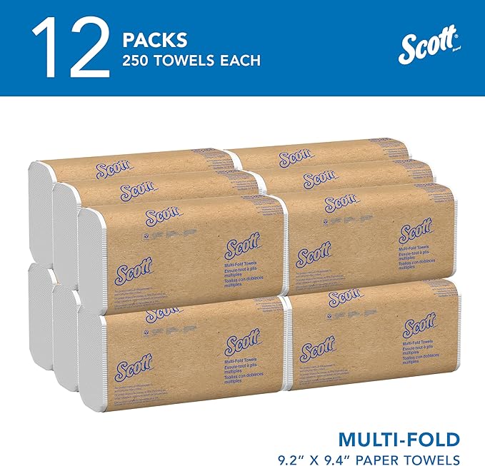 Scott Professional Universal Multifold Paper Towels, Bulk (58091), Absorbency Pockets, White, 9.2"x9.4" Towel, White, Compressed, Compact Case (250 Sheets/Pack, 12 Packs/Case, 3,000 Sheet Total)