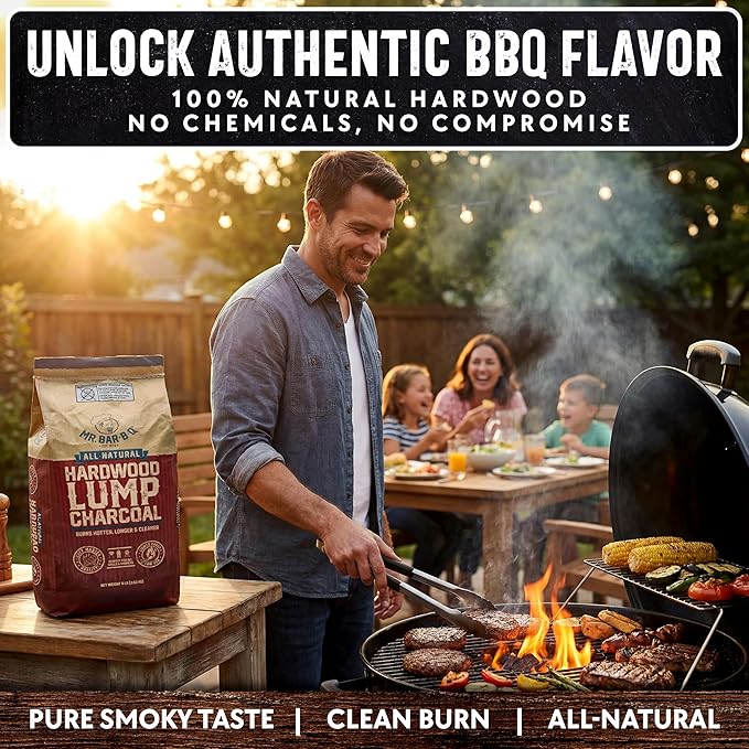 8 LB. All Natural Hardwood Lump Charcoal by Mr. Bar-B-Q - Premium Natural Charcoal for Grilling, BBQ, Smoking, Kamado & Kettle Grills - Burns Hotter & Longer - Smoky Flavor, Low Ash & Easy to Light
