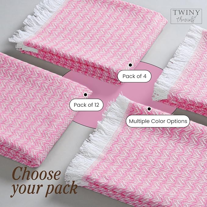 TWINY threads Dish Towel Chevron Weave, Premium 100% Cotton Kitchen Linen Set, Large Dish Rags and Wash Rags, Absorbent Quick Drying, Washable Reusable Dishcloth Set, 4 Pack, 16"x26", Rose Pink
