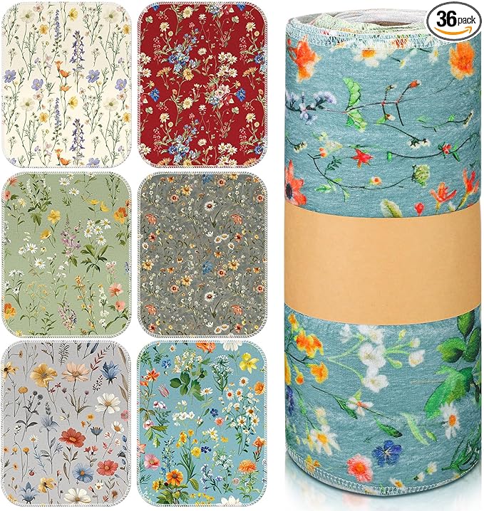 Redbaker 36 Pcs Reusable Paper Towels Rolls Kitchen Towels Bulk Washable Paperless Cloth Cotton Hand Napkins with Cardboard Reusable Napkins for Kitchen Bathroom (Flower Style)