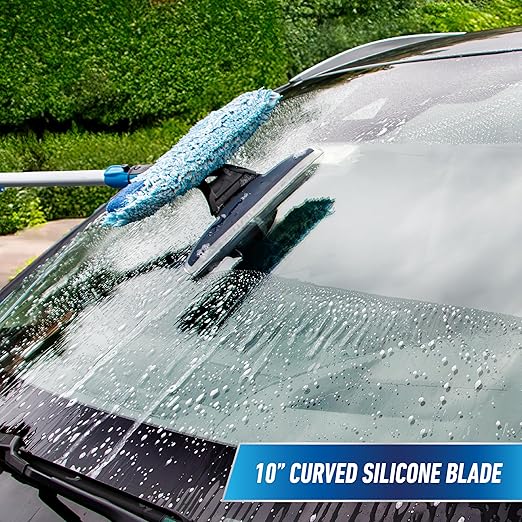 Unger 10" Curved Silicone Auto Squeegee with 3' Telescopic Pole, Flexible Blade for Window Curves, Windshield Cleaner Tool, Non-Scratch Microfiber Sleeve for Streak-Free Results, Machine Washable
