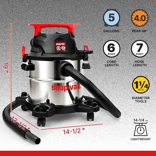 Shop-Vac 5430162 Wet/Dry Vacuum, 5 Gallon, 4 Peak HP, 1-1/4 Inch Diameter x 7 Foot Hose, 6 Foot Cord, Ideal for Jobsite, Garage, Workshop & Home