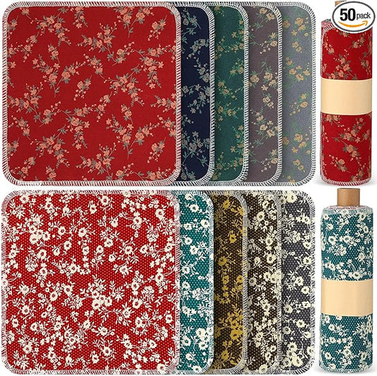 Redbaker 50 Pcs Reusable Paper Towels Paperless Reusable Cotton Cloths Toilet Absorbent Washable Paper Towels with Roll Kitchen Dishcloth for Kitchen Paperless Dishcloths(Floral)