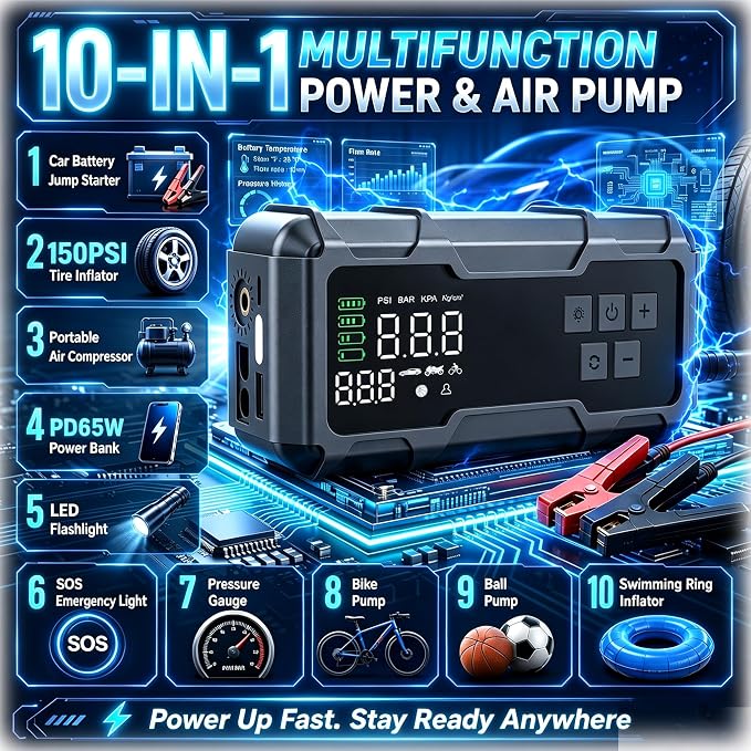 9000A Jump Starter with Air Compressor 10-1 Portable Tire Inflator German Fast-Charging Power Bank Car Diesel Battery Booster for Car Owners Camping, Road Trips, Family Safety & Gift