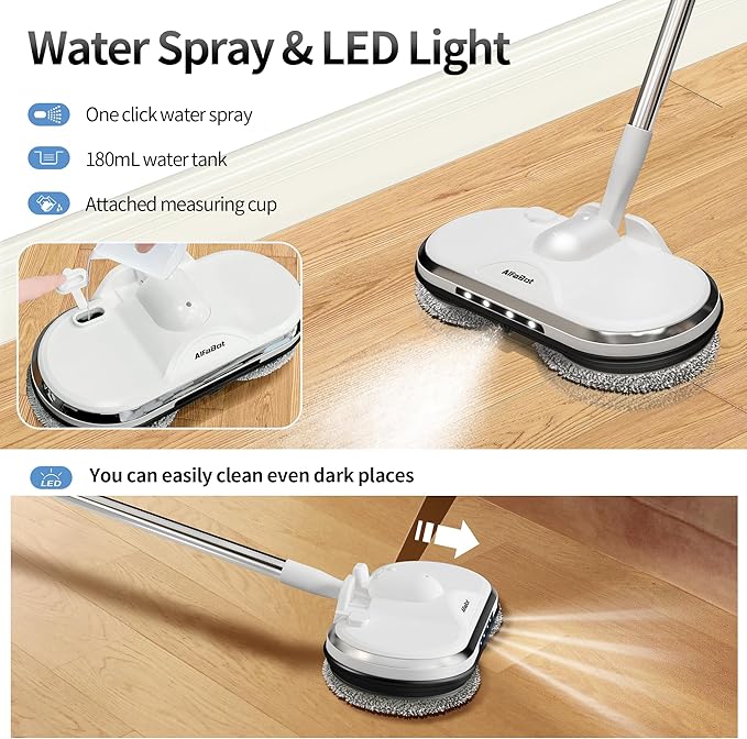 Electric Mop, AlfaBot WS-24 Cordless Spin Mop for Floor Cleaning, Lightweight & Rechargeable Floor Cleaner with Water Sprayer and LED Headlight for Hardwood and Tile Floors, White