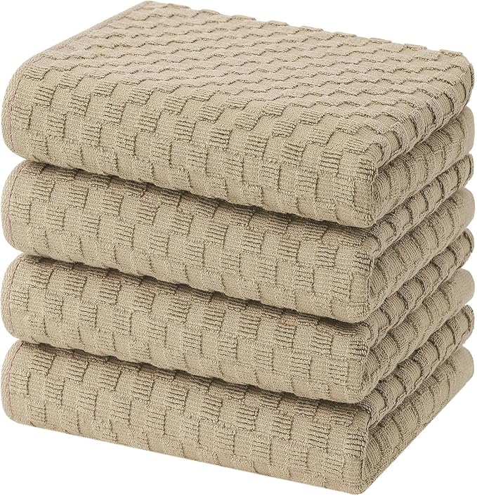 Homaxy 100% Cotton Terry Kitchen Towels(15" x 25", 4 Pack), Soft and Super Absorbent Dish Towels, 380 GSM Reusable Tea Towel with Hanging Loop, Pineapple Grid Designed, Tan