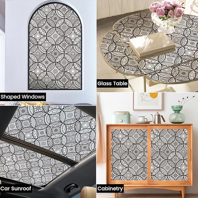 DKTIE Boho Stained Glass Look Window Privacy Film with Installation Tools, Decorative Frosted Glass Window Film Static Cling No Glue Removable, Pure Black, 17.7" x 118.1"