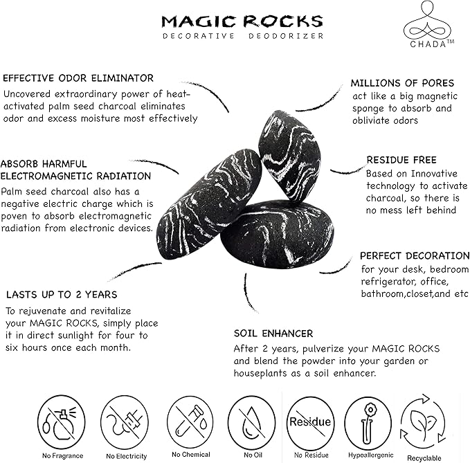Chada Magic Rocks : Charcoal Air Deodorizer, No Chemicals, Activated Charcoal, Natural Room Odor Eliminator, Neutralizer, Absorb Smoke Smell, 420 g, set of 4 rocks