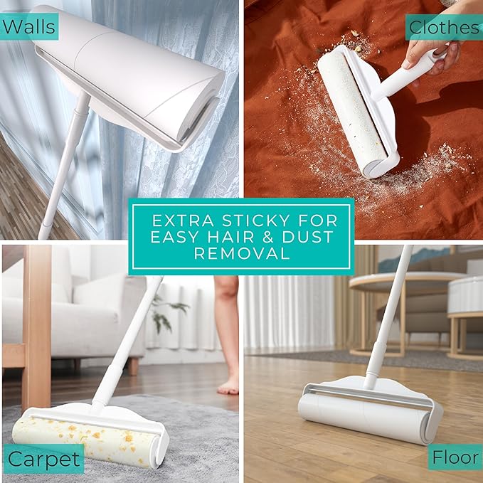 True & Tidy StickyPro XL Lint Roller Value Set with 2 Lint Roller Refills, Heavy-Duty Durable, Adjustable Handle Works Great on Pet Hair, Clothing, Furniture and More, 180 Sheets Total, Refillable