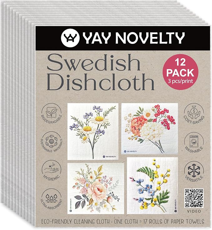 Swedish Dishcloths - 12 Pack | Made in Germany | Ultra-Absorbent, Reusable Cellulose Sponge Cloths for Kitchen | No-Odor, Eco-Friendly Cleaning Wipes | Water-Based Ink | Needlework