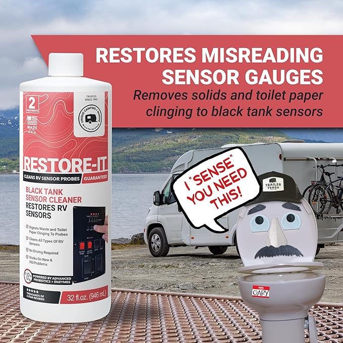 Unique Restore-It RV Sensor Cleaner Liquid – Cleans Dirty Sensor Probes for Misreading RV Black Tank Sensors – 2 Treatments Per Bottle, 32 oz (2-Pack)