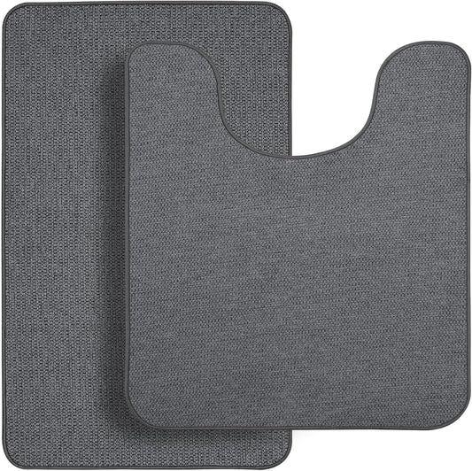 Bathroom Rugs Set 2 Pieces,Thin Bathroom Mats,Toilet Rugs,Quick Dry,Non-Slip,Machine Washable,Low Pile,Absorbent Bath Mats,Shower,Sink,Home Decor Accessories.Dark Grey,1'5"x2'3"+1'8"x2" U Shape