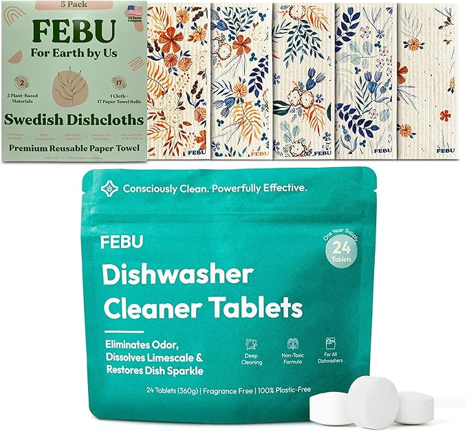 FEBU Save 15% on Swedish Dishcloth + Dishwasher Cleaner Tablets | 5 Pack Fresh Flowers Reusable Paper Towels + 24ct Dish Washer Cleaner Tablets