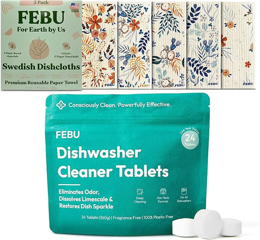 FEBU Save 15% on Swedish Dishcloth + Dishwasher Cleaner Tablets | 5 Pack Fresh Flowers Reusable Paper Towels + 24ct Dish Washer Cleaner Tablets