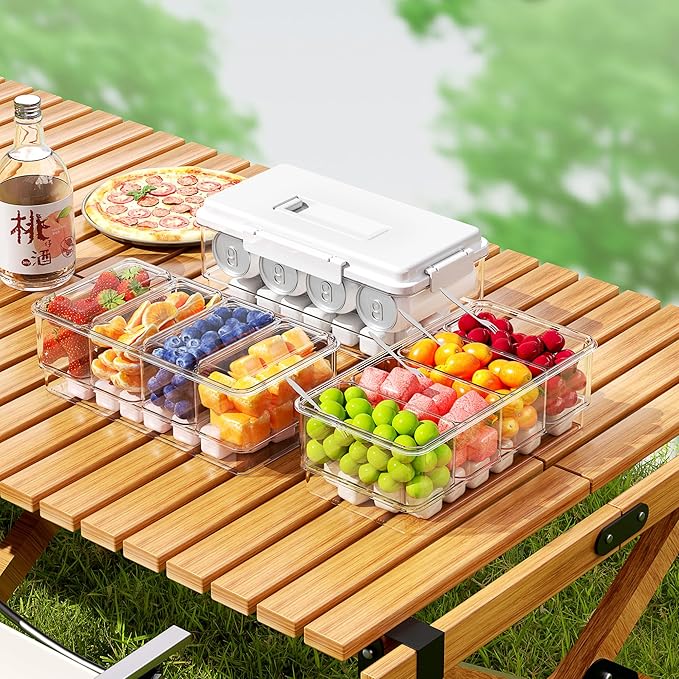 2Pack Chilled Condiment Caddy with 4 Containers 4 Lids Fruit Serving Tray Platter with Handle Portable Snackle Box Organizer Server with Ice Pack for Mimosa Bar Supplies,Salad,Taco,Party Garnish,Beige