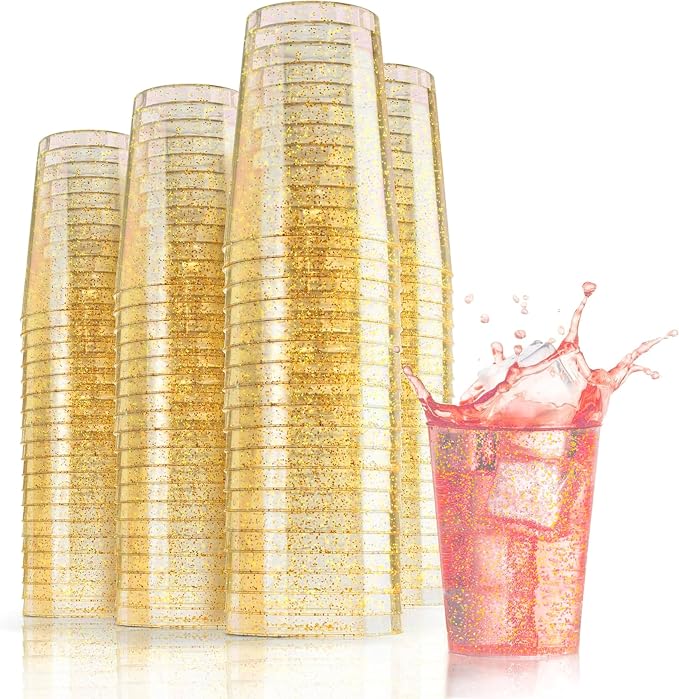 Exquisite Gold Plastic Cups Disposable, Clear Plastic Tumblers 10 Oz. 200 Ct. - Glitter Tumblers, Gold Glitter Cups Disposable For Party, Weddings, Cocktail Glasses & Wine Glasses