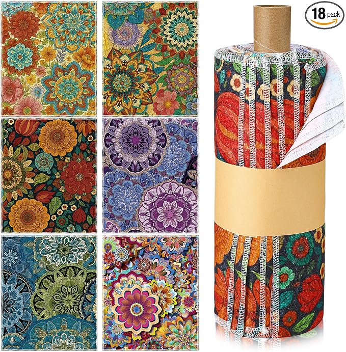 Redbaker 18 Pcs Reusable Paper Towels Rolls Towels Bulk Kitchen Washable Paperless Cloth Cotton Hand Napkins with Cardboard Reusable Napkins for Kitchen Bathroom (Boho Floral Style)
