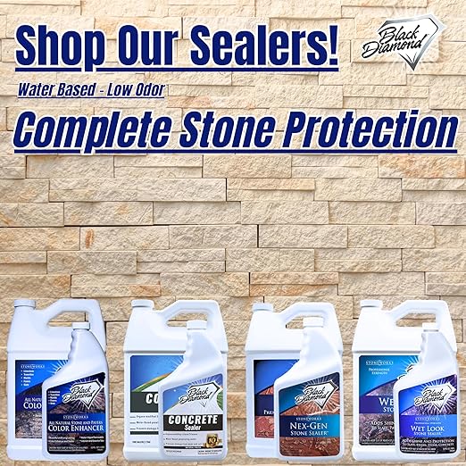 Wet Look Natural Stone Sealer. Durable, Long-Lasting Gloss Protection. Interior and Exterior Pavers, Slate, Sandstone, Travertine, Flagstone, Driveways, Garage Floors, etc. Black Diamond Stoneworks