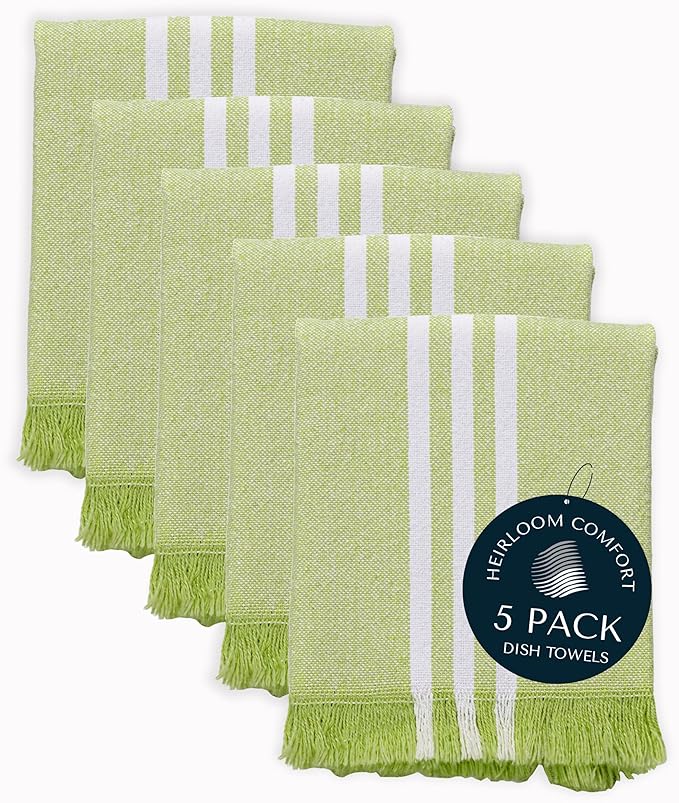 5 Pack Monochrome Stripe Kitchen Towels, Fringed Edges, 16x26 Inch, 100% Cotton, Lint-Free, Absorbent & Washable Dish Towels for Drying Dishes, Everyday Kitchen Use, Lemon Green