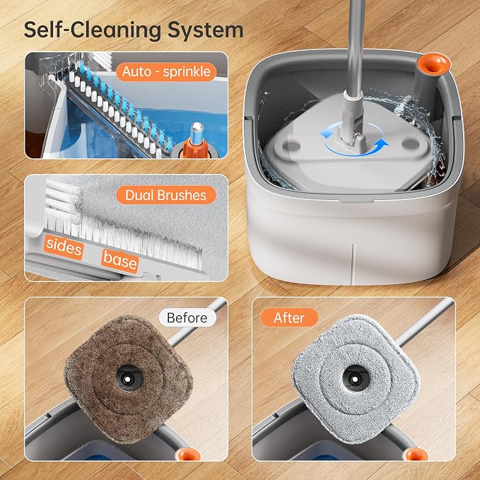 Spin Mop and Bucket Set with Self Separation Dirty and Clean Water System, Self Wringing 360° Rotating Square Mop Head for Home Floors Cleaning (1.0 Mop and Bucket Set (4 Pads))