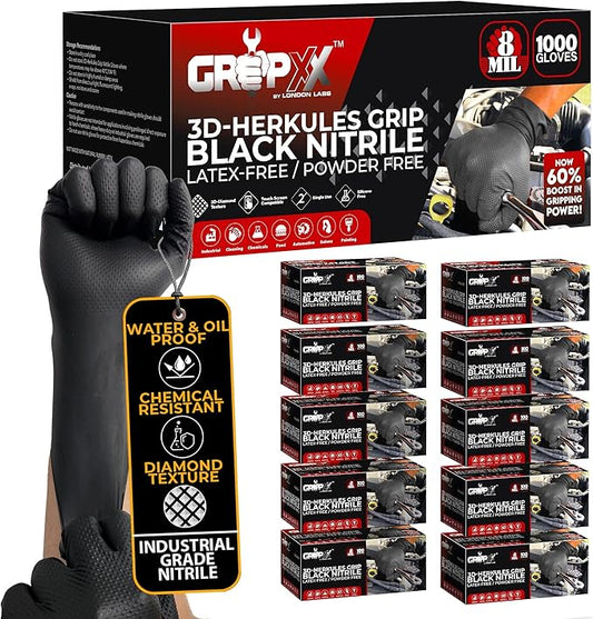 GRIPXX Herkules Grip Heavy Duty 8Mil Black Nitrile Gloves,3D Raised Diamond Texture-Latex & Powder-Free Industrial, Mechanic