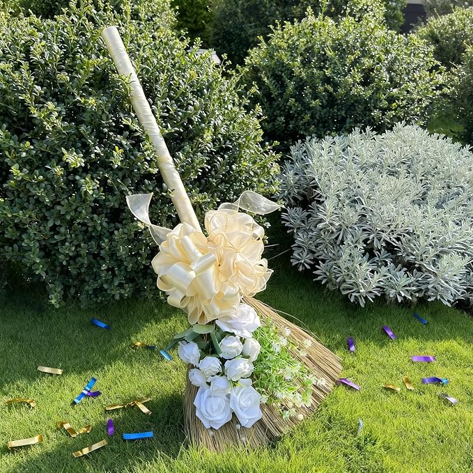 Wedding Broom for Jumping & Wedding Ceremony, DIY Decorative Broomstick with Ribbons, Artificial Pearl, Camellia, Roses - Ideal for African American Weddings