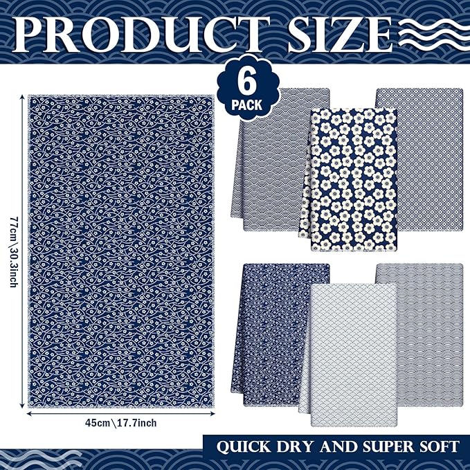 6 Pack Japanese Kitchen Tea Towels 18 x 30 Inch Blue Tenugui Traditional Towel Quick Dry Microfiber Dish Towels Modern Geometric Checkered Floral Hand Towel Home Decor Housewarming Gift for Women Men