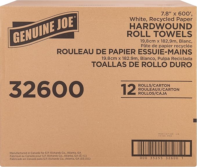Genuine Joe Embossed Hardwound Roll Towels, 2" Core, 1-Ply, 7.8" x 600', White, 12 Count