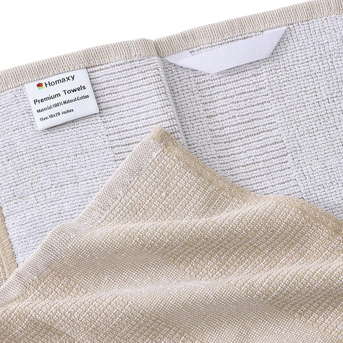 Homaxy Premium Kitchen Towels(18”x 28”, 12 Pack), Large Cotton Kitchen Hand Towels, Flat and Terry Dish Towels, 380 GSM Highly Absorbent Tea Towel Set with Hanging Loop, Khaki