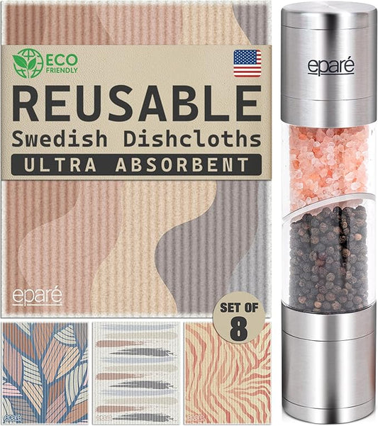 Eparé Bundle: Dual Salt & Pepper Grinder & Reusable Swedish Kitchen Dishcloth - Manual Combo Mill Grinders & Stylish & Washable Cellulose Paper Towel & Sponges Alternative