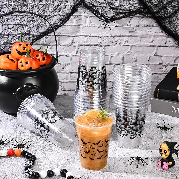 AimFun Halloween Bats Plastic Cups White Black Ghosts Disposable Party Cup Cute Spooky 12oz Clear Cups for Candy Beverage Snacks Birthday Baby Shower Party Supplies (100, Bats)