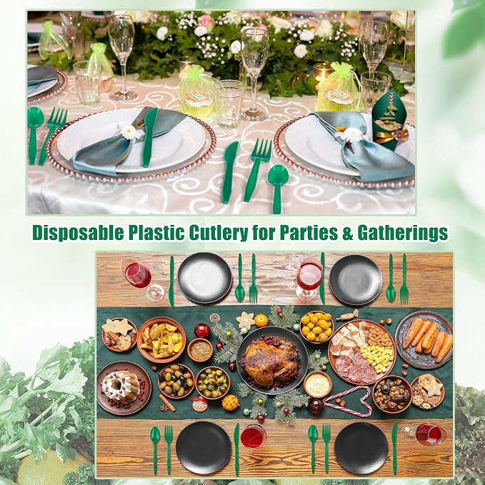 Kochorie 90 Pieces Dark Green Plastic Cutlery Set Disposable Plastic Utensils Heavy Duty Flatware Set Includes 30 Knives 30 Forks 30 Spoons for Birthday Graduation Party, Picnic