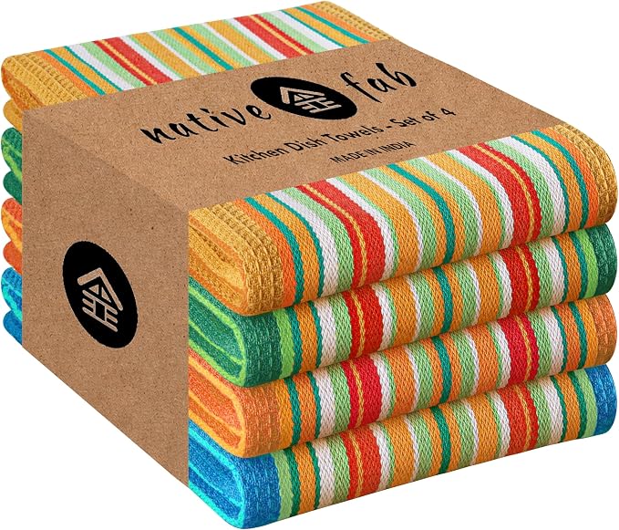 Native Fab 4 Pack Mexican Salsa Stripe Kitchen Towels, 18x28 Inches, Colorful Dishcloth Set, 100% Cotton, Everyday Use, Kitchen Hand Towel for Cleaning, Absorbent, Washable Drying Towels, Assorted