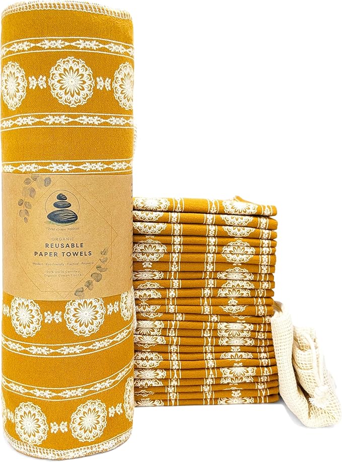 Reusable Paper Towels | 24-Pack Vintage French Country Lace in Gold Ochre | Organic Cotton Flannel | Paperless Towels with Wash Bag & Tube for Zero Waste Kitchen