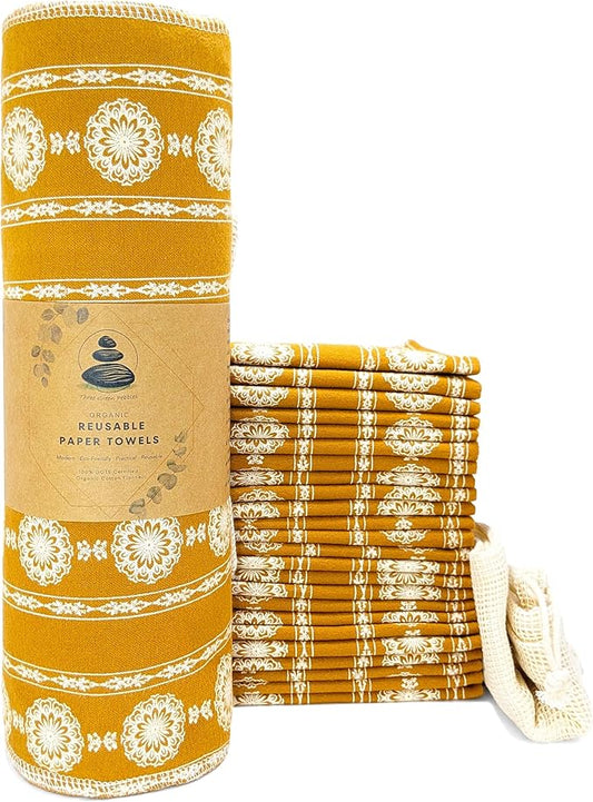 Reusable Paper Towels | 24-Pack Vintage French Country Lace in Gold Ochre | Organic Cotton Flannel | Paperless Towels with Wash Bag & Tube for Zero Waste Kitchen