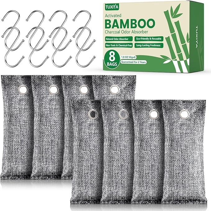 TUXIYA 8Pack Activated Charcoal Odor Absorber/ 12Pack(100g Each) Rechargeable Silica Gel Desiccant Packets