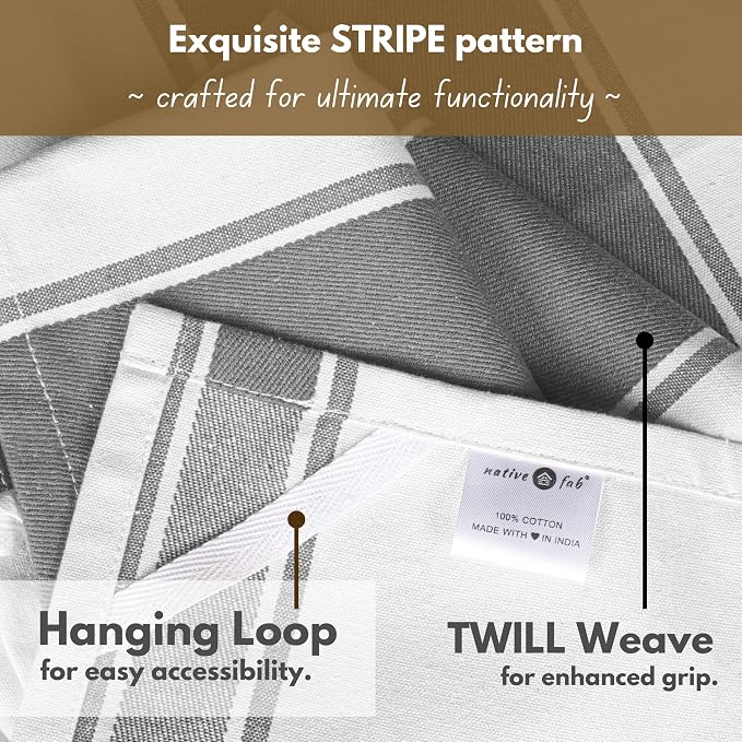 Native Fab Gray Striped Kitchen Towels 18"x28", Set of 12, Wide Stripe, Highly Absorbent, Fast Dry, 100% Cotton Towels for Hand Drying, Counter Cleaning, Dish & Glassware Drying, Wash Rags - Grey