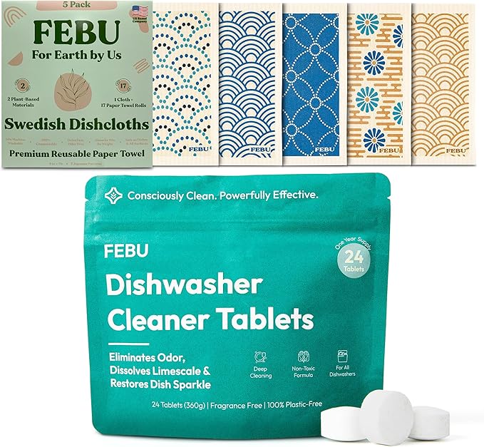 FEBU Save 15% on Swedish Dishcloth + Dishwasher Cleaner Tablets | 5 Pack Japanese Reusable Paper Towels + 24ct Dish Washer Cleaner Tablets