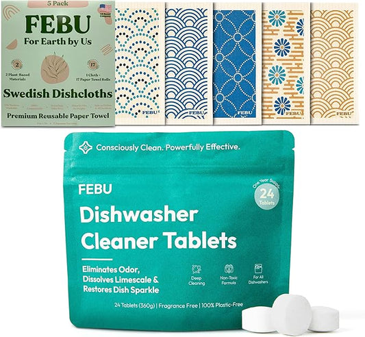 FEBU Save 15% on Swedish Dishcloth + Dishwasher Cleaner Tablets | 5 Pack Japanese Reusable Paper Towels + 24ct Dish Washer Cleaner Tablets
