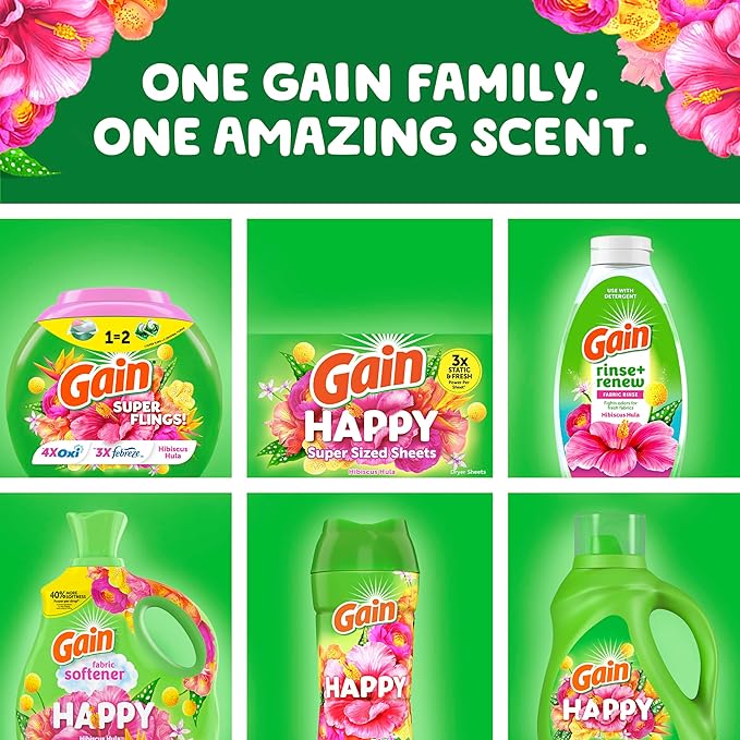Gain Super Flings Laundry Detergent Pacs, 32 Count, Hibiscus Hula scent, irresistibly clean and fresh washing detergent laundry soap pacs