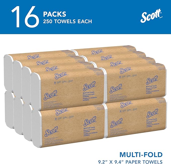 Scott® Professional Universal Multifold Paper Towels, Bulk (01840), Absorbency Pockets, 9.2" x 9.4" sheets, Standard Tier, Compressed, White (250 Sheets/Pack, 16 Packs/Case, 4,000 Sheets/Case)